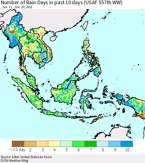 South East Asia Number of Rain Days in past 10 days (USAF 557th WW) Thematic Map For 6/16/2021 - 6/20/2021