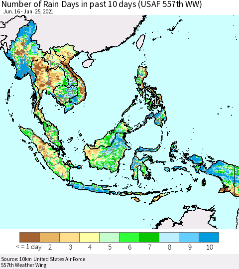 South East Asia Number of Rain Days in past 10 days (USAF 557th WW) Thematic Map For 6/21/2021 - 6/25/2021