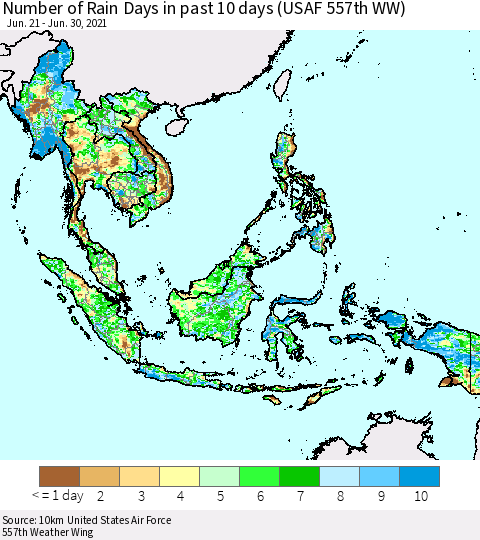 South East Asia Number of Rain Days in past 10 days (USAF 557th WW) Thematic Map For 6/26/2021 - 6/30/2021