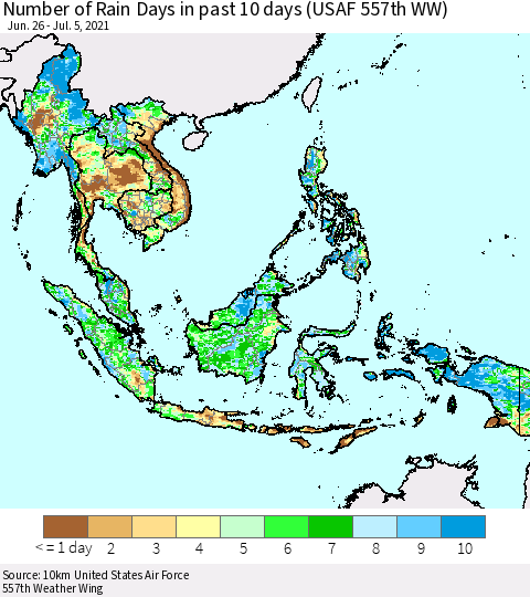 South East Asia Number of Rain Days in past 10 days (USAF 557th WW) Thematic Map For 7/1/2021 - 7/5/2021