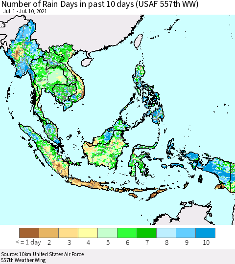 South East Asia Number of Rain Days in past 10 days (USAF 557th WW) Thematic Map For 7/6/2021 - 7/10/2021