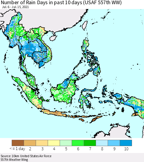 South East Asia Number of Rain Days in past 10 days (USAF 557th WW) Thematic Map For 7/11/2021 - 7/15/2021