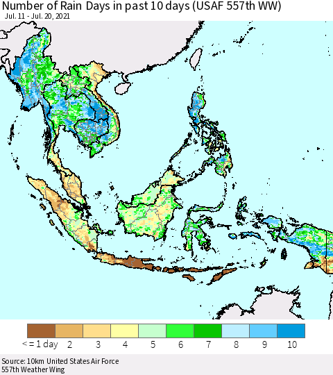 South East Asia Number of Rain Days in past 10 days (USAF 557th WW) Thematic Map For 7/16/2021 - 7/20/2021
