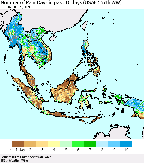 South East Asia Number of Rain Days in past 10 days (USAF 557th WW) Thematic Map For 7/21/2021 - 7/25/2021