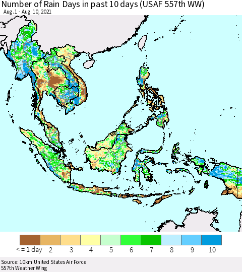 South East Asia Number of Rain Days in past 10 days (USAF 557th WW) Thematic Map For 8/6/2021 - 8/10/2021