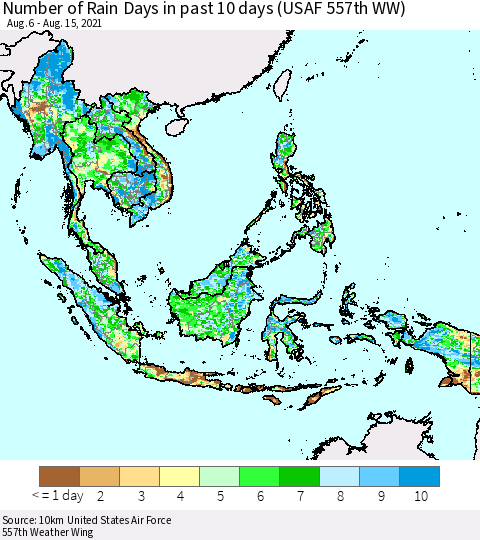 South East Asia Number of Rain Days in past 10 days (USAF 557th WW) Thematic Map For 8/11/2021 - 8/15/2021