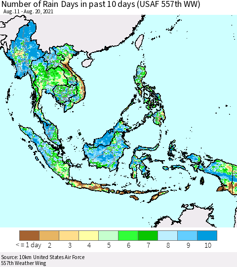 South East Asia Number of Rain Days in past 10 days (USAF 557th WW) Thematic Map For 8/16/2021 - 8/20/2021