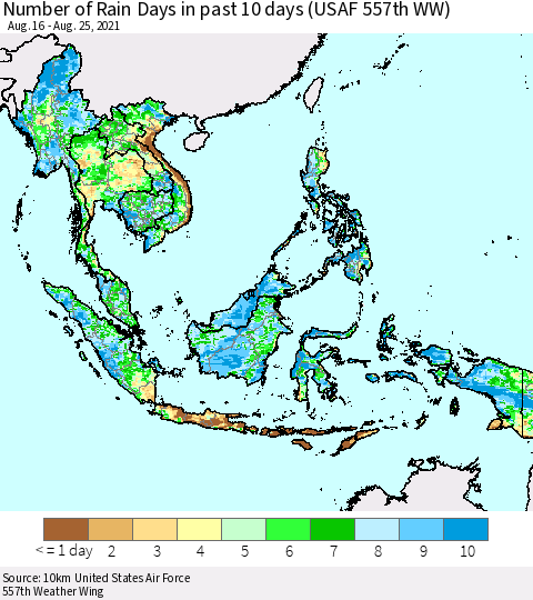 South East Asia Number of Rain Days in past 10 days (USAF 557th WW) Thematic Map For 8/21/2021 - 8/25/2021