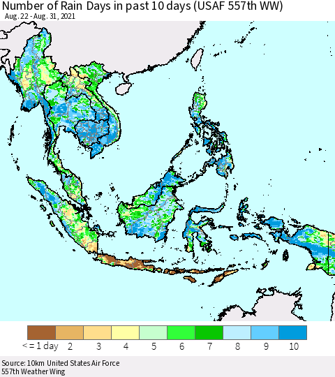 South East Asia Number of Rain Days in past 10 days (USAF 557th WW) Thematic Map For 8/26/2021 - 8/31/2021