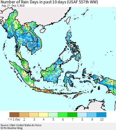 South East Asia Number of Rain Days in past 10 days (USAF 557th WW) Thematic Map For 9/1/2021 - 9/5/2021