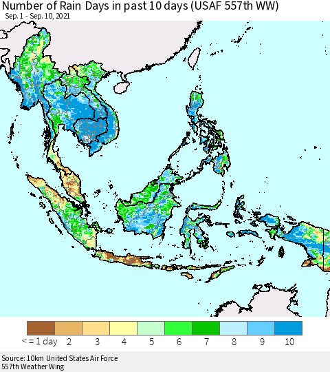 South East Asia Number of Rain Days in past 10 days (USAF 557th WW) Thematic Map For 9/6/2021 - 9/10/2021