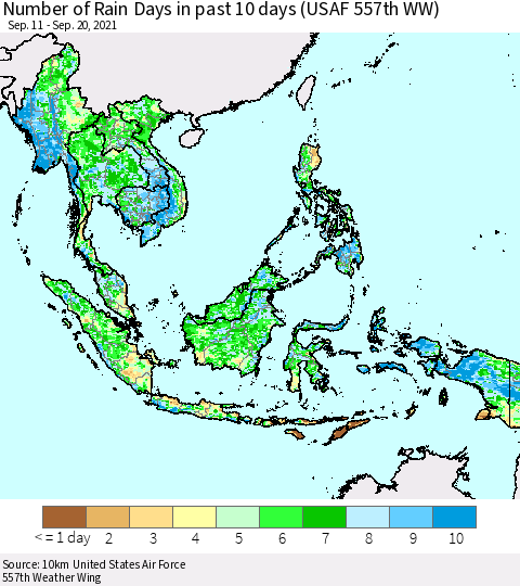 South East Asia Number of Rain Days in past 10 days (USAF 557th WW) Thematic Map For 9/16/2021 - 9/20/2021