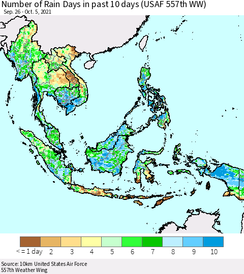 South East Asia Number of Rain Days in past 10 days (USAF 557th WW) Thematic Map For 10/1/2021 - 10/5/2021