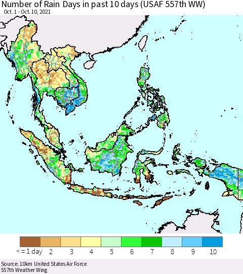 South East Asia Number of Rain Days in past 10 days (USAF 557th WW) Thematic Map For 10/6/2021 - 10/10/2021