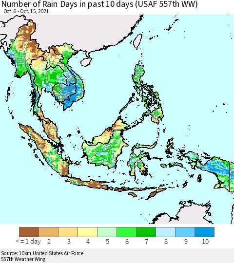 South East Asia Number of Rain Days in past 10 days (USAF 557th WW) Thematic Map For 10/11/2021 - 10/15/2021