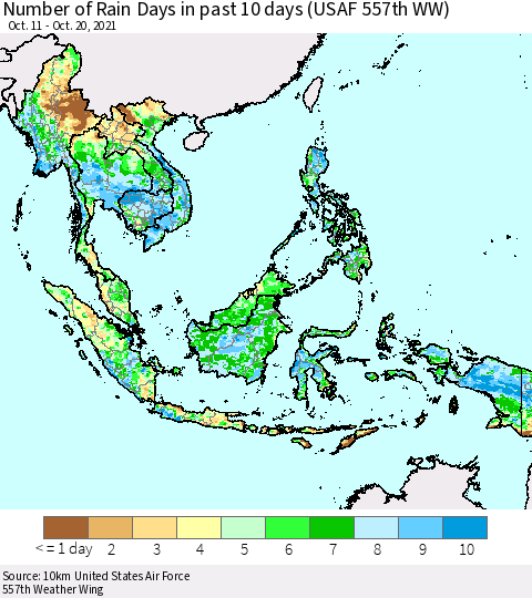 South East Asia Number of Rain Days in past 10 days (USAF 557th WW) Thematic Map For 10/16/2021 - 10/20/2021