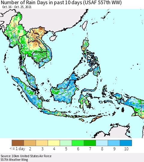 South East Asia Number of Rain Days in past 10 days (USAF 557th WW) Thematic Map For 10/21/2021 - 10/25/2021