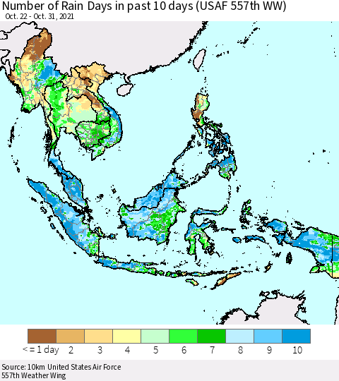 South East Asia Number of Rain Days in past 10 days (USAF 557th WW) Thematic Map For 10/26/2021 - 10/31/2021