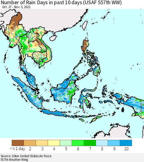 South East Asia Number of Rain Days in past 10 days (USAF 557th WW) Thematic Map For 11/1/2021 - 11/5/2021