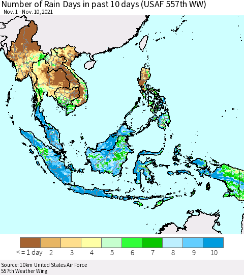 South East Asia Number of Rain Days in past 10 days (USAF 557th WW) Thematic Map For 11/6/2021 - 11/10/2021