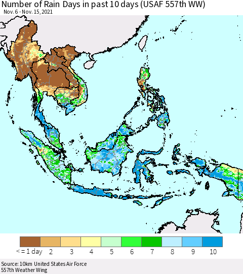 South East Asia Number of Rain Days in past 10 days (USAF 557th WW) Thematic Map For 11/11/2021 - 11/15/2021