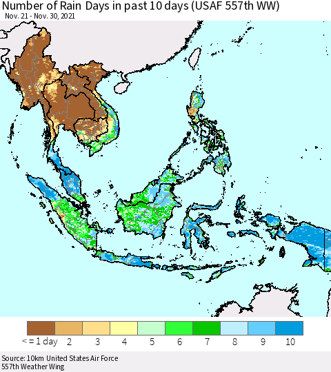 South East Asia Number of Rain Days in past 10 days (USAF 557th WW) Thematic Map For 11/26/2021 - 11/30/2021