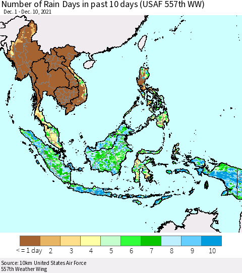 South East Asia Number of Rain Days in past 10 days (USAF 557th WW) Thematic Map For 12/6/2021 - 12/10/2021
