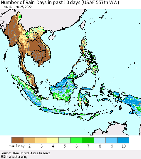 South East Asia Number of Rain Days in past 10 days (USAF 557th WW) Thematic Map For 1/21/2022 - 1/25/2022