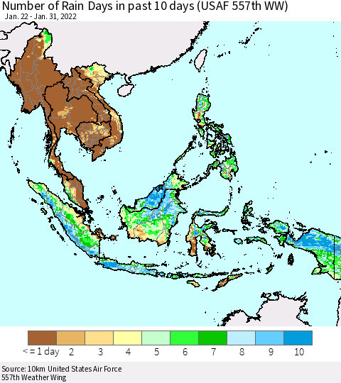 South East Asia Number of Rain Days in past 10 days (USAF 557th WW) Thematic Map For 1/26/2022 - 1/31/2022