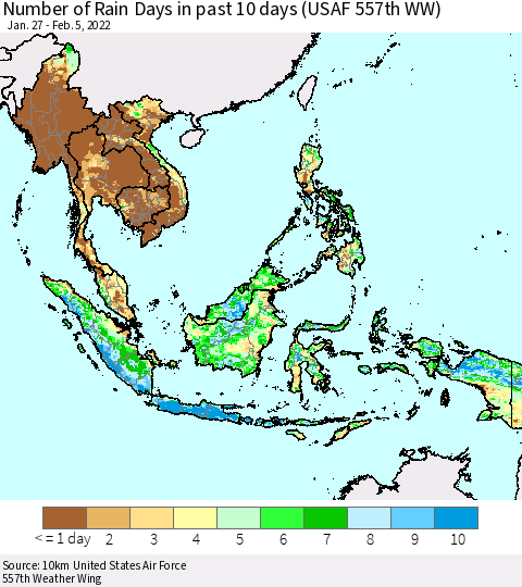 South East Asia Number of Rain Days in past 10 days (USAF 557th WW) Thematic Map For 2/1/2022 - 2/5/2022