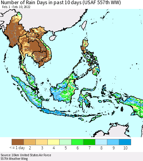 South East Asia Number of Rain Days in past 10 days (USAF 557th WW) Thematic Map For 2/6/2022 - 2/10/2022