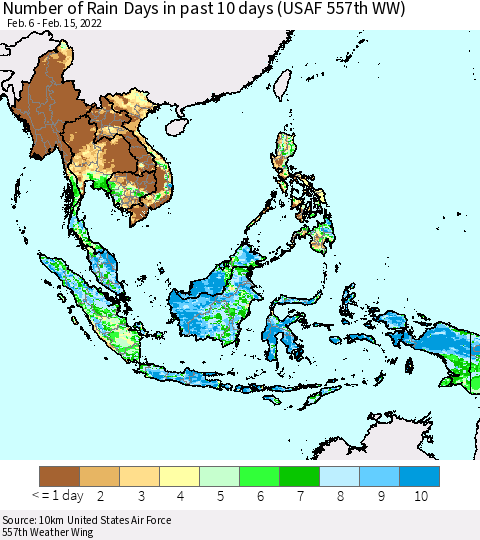 South East Asia Number of Rain Days in past 10 days (USAF 557th WW) Thematic Map For 2/11/2022 - 2/15/2022
