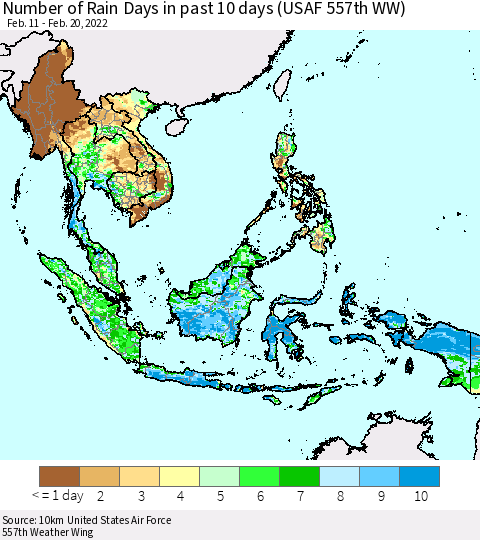 South East Asia Number of Rain Days in past 10 days (USAF 557th WW) Thematic Map For 2/16/2022 - 2/20/2022