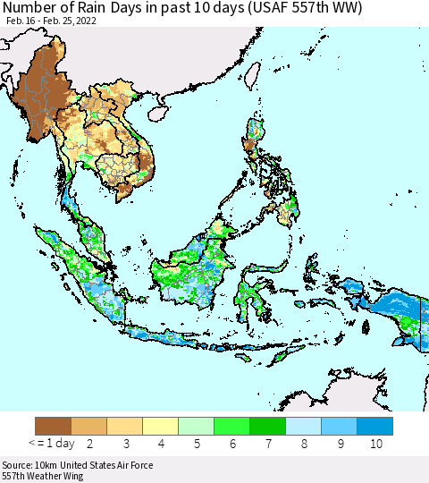 South East Asia Number of Rain Days in past 10 days (USAF 557th WW) Thematic Map For 2/21/2022 - 2/25/2022