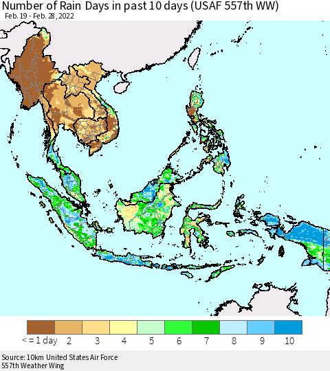 South East Asia Number of Rain Days in past 10 days (USAF 557th WW) Thematic Map For 2/26/2022 - 2/28/2022