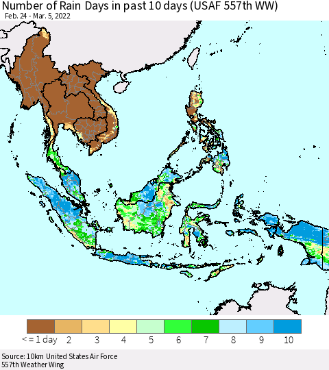 South East Asia Number of Rain Days in past 10 days (USAF 557th WW) Thematic Map For 3/1/2022 - 3/5/2022