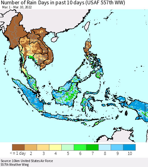 South East Asia Number of Rain Days in past 10 days (USAF 557th WW) Thematic Map For 3/6/2022 - 3/10/2022