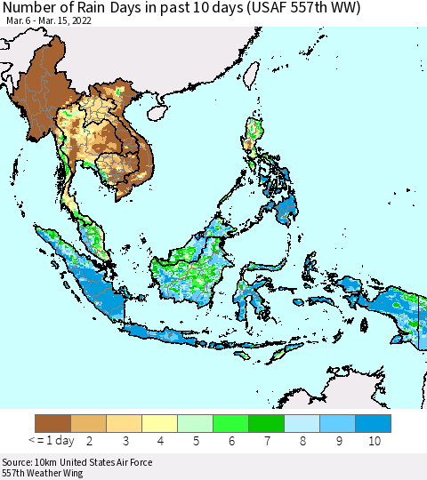 South East Asia Number of Rain Days in past 10 days (USAF 557th WW) Thematic Map For 3/11/2022 - 3/15/2022