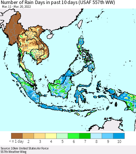 South East Asia Number of Rain Days in past 10 days (USAF 557th WW) Thematic Map For 3/16/2022 - 3/20/2022