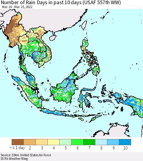 South East Asia Number of Rain Days in past 10 days (USAF 557th WW) Thematic Map For 3/21/2022 - 3/25/2022
