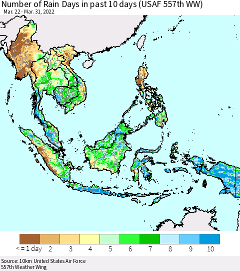 South East Asia Number of Rain Days in past 10 days (USAF 557th WW) Thematic Map For 3/26/2022 - 3/31/2022