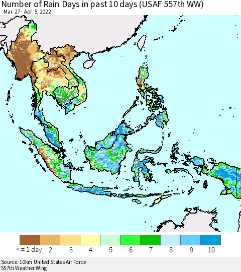 South East Asia Number of Rain Days in past 10 days (USAF 557th WW) Thematic Map For 4/1/2022 - 4/5/2022