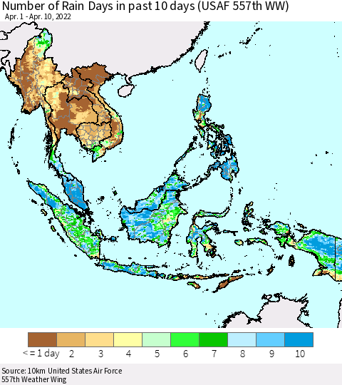 South East Asia Number of Rain Days in past 10 days (USAF 557th WW) Thematic Map For 4/6/2022 - 4/10/2022