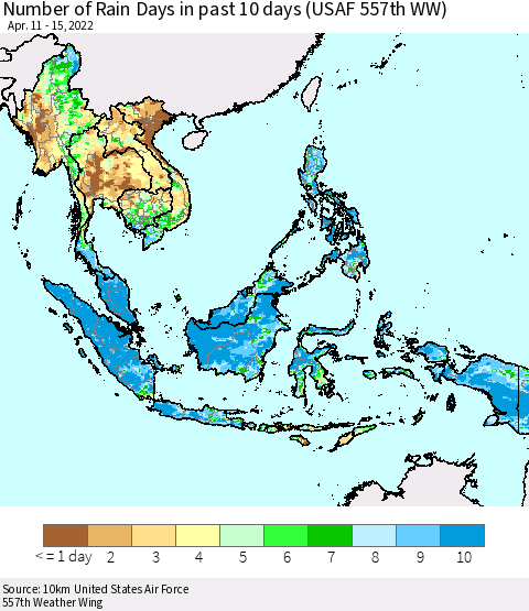 South East Asia Number of Rain Days in past 10 days (USAF 557th WW) Thematic Map For 4/11/2022 - 4/15/2022