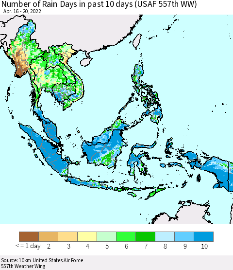 South East Asia Number of Rain Days in past 10 days (USAF 557th WW) Thematic Map For 4/16/2022 - 4/20/2022