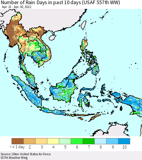 South East Asia Number of Rain Days in past 10 days (USAF 557th WW) Thematic Map For 4/26/2022 - 4/30/2022
