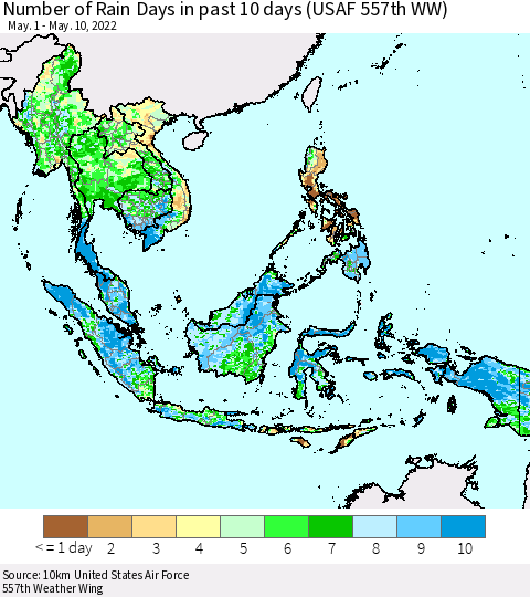 South East Asia Number of Rain Days in past 10 days (USAF 557th WW) Thematic Map For 5/6/2022 - 5/10/2022