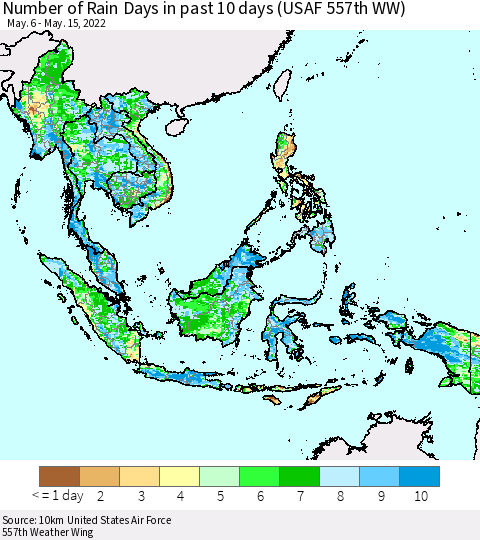 South East Asia Number of Rain Days in past 10 days (USAF 557th WW) Thematic Map For 5/11/2022 - 5/15/2022