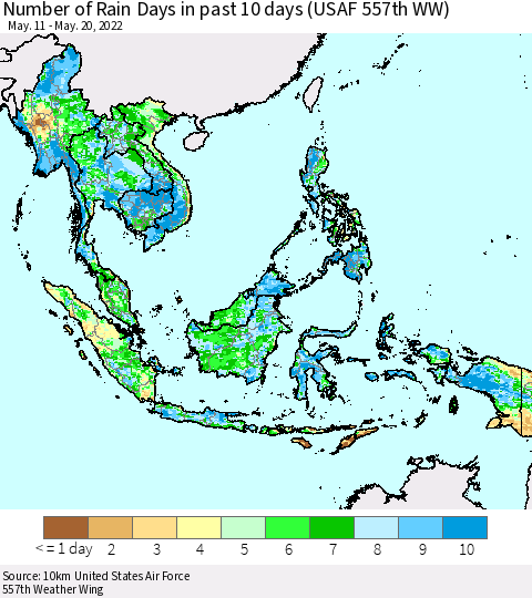 South East Asia Number of Rain Days in past 10 days (USAF 557th WW) Thematic Map For 5/16/2022 - 5/20/2022