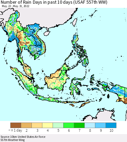South East Asia Number of Rain Days in past 10 days (USAF 557th WW) Thematic Map For 5/26/2022 - 5/31/2022